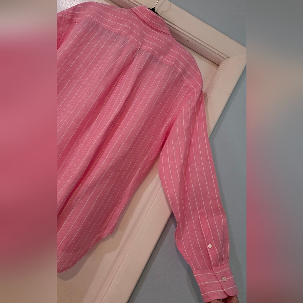Women's J. McLaughlin Britt Linen Pink With White Pin Stripes Blouse, Size L - Picture 12 of 13